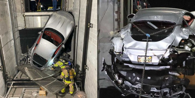 Ferrari Roma провалился в шахту грузового лифта.
