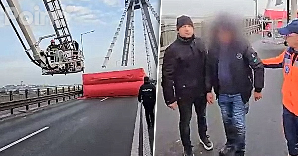 Un susținător al lui Călin Georgescu s-a urcat pe un pod suspendat: Cere turul doi înapoi.