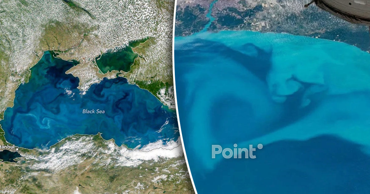 Satelitul NASA a surprins vârtejuri uriașe de culoare turcoaz în Marea Neagră.