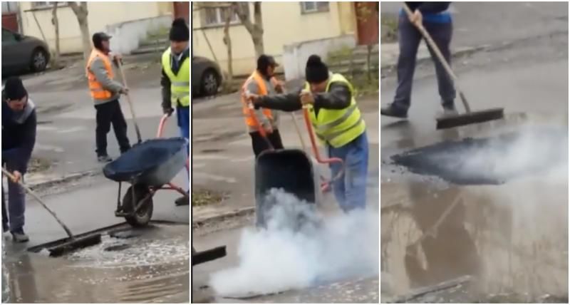 Au asfaltat o baltă. Reacția primăriei după lucrarea de mântuială. Foto: digi24.ro