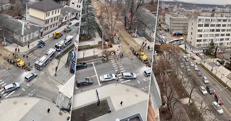 Движение в центре Кишинева парализовано из-за ремонта водопровода. Коллаж: Point.md