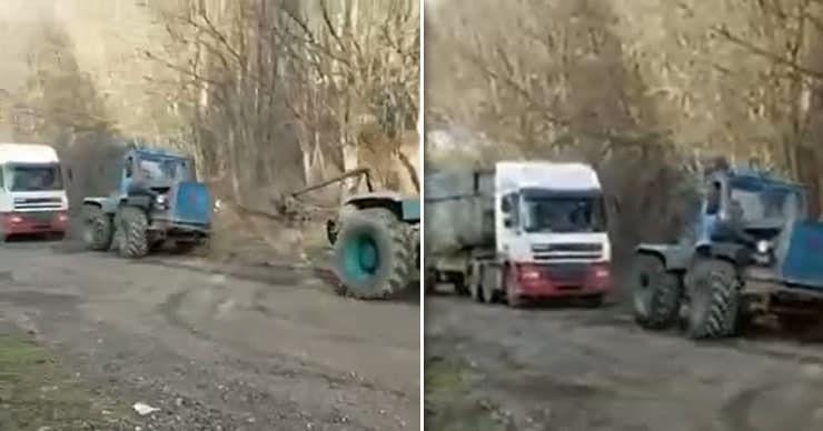 В районе Каменки сняли на видео, как два трактора буксируют застрявшую фуру. Коллаж Point.md.