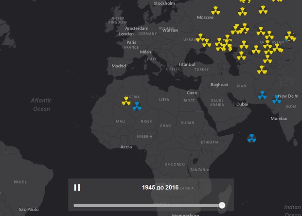 Новая карта также показывает испытания, проведенные Северной Кореей в 2006 и в 2009 году.