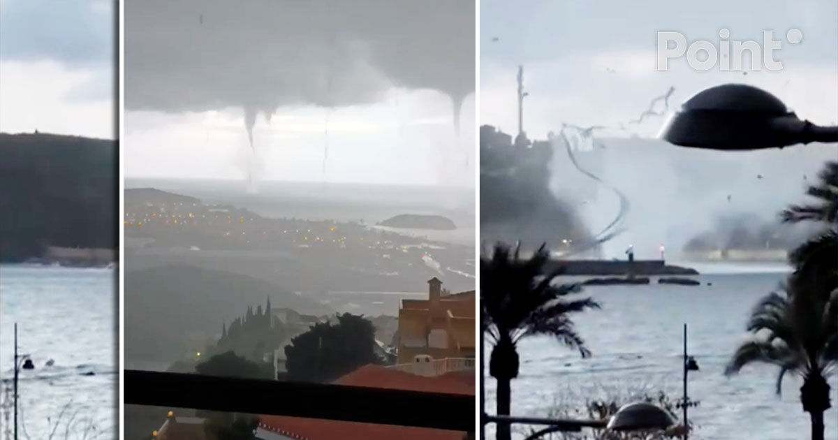 Trei tornade de apă, filmate simultan când loveau o plajă din Spania.