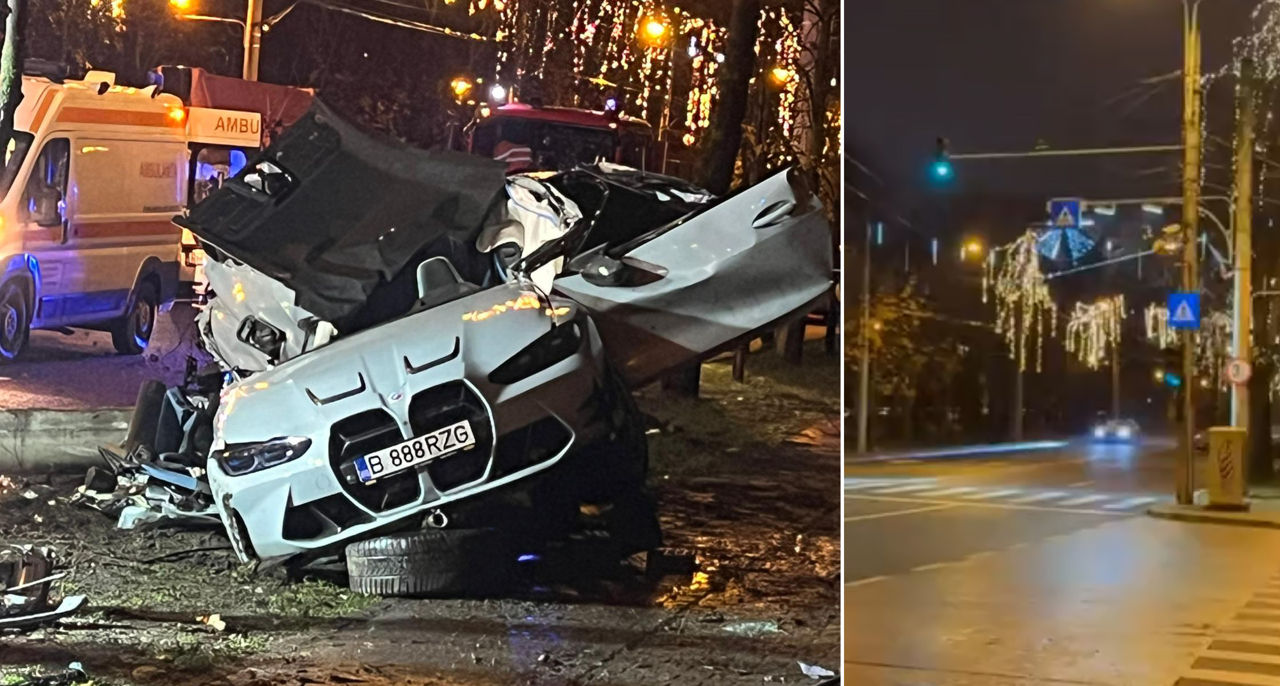 În România, un BMW a ajuns într-un stâlp ca urmare a curselor stradale.