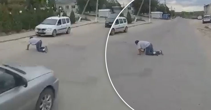 В Яловенах на видео попал мужчина, который переползал через дорогу. Коллаж Point.md.