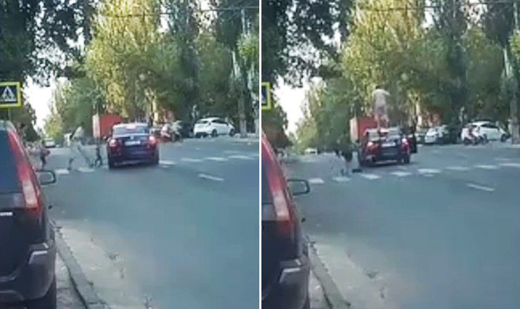 Разгневанный отец пострадавшего ребенка, забрался на крышу машины и начал прыгать на ней.