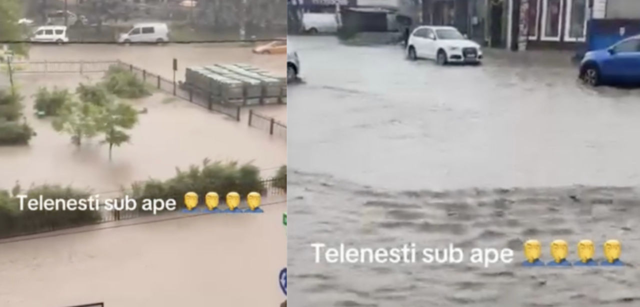 В центре Теленешт наводнение: автомобили заблокированы потоками воды.