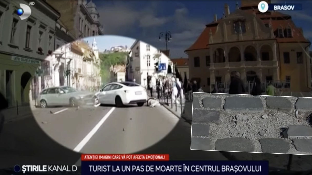В Брашове турист едва не угодил под колеса авто, споткнувшись об ухаб на тротуаре.