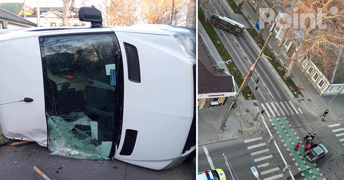 Accident în Capitală: Un microbuz s-a răsturnat după ce s-a tamponat cu o altă mașină.