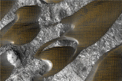 Спутниковые снимки дюн и направления их движения. Фото: Francois Ayoub, Caltech