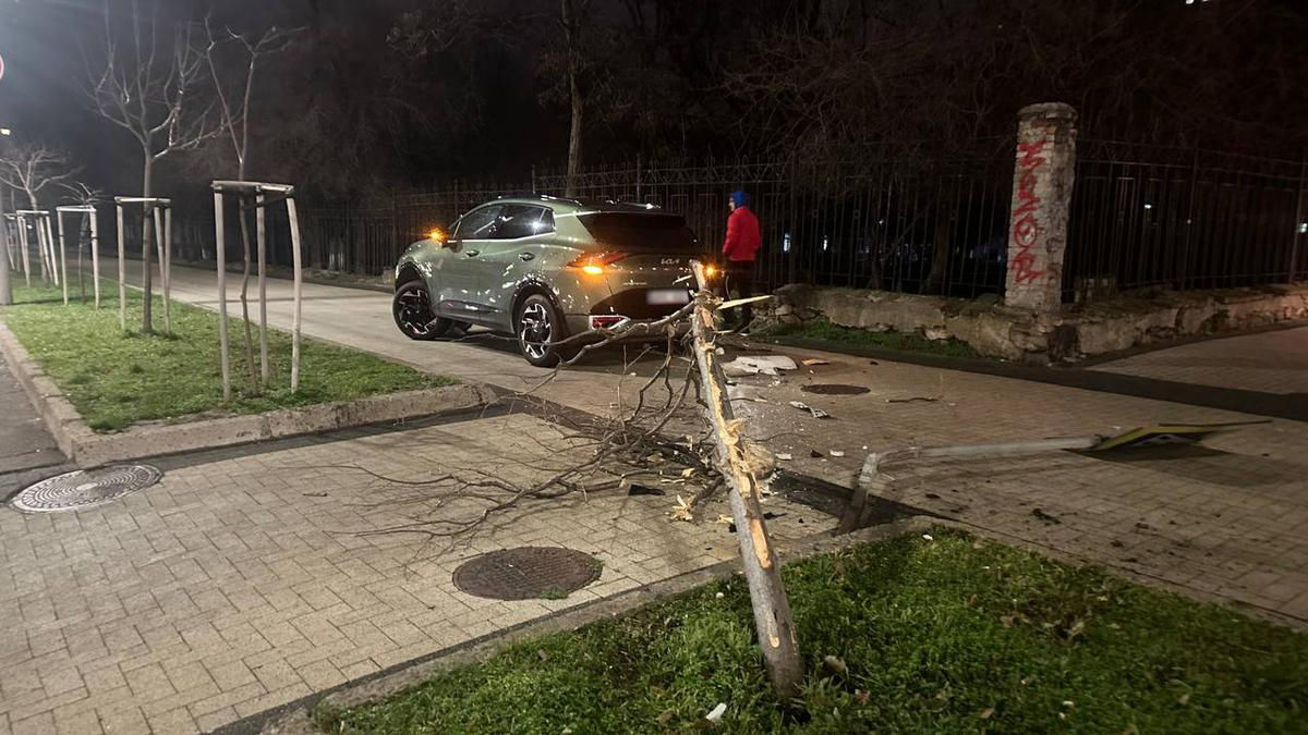 Un șofer a doborât un copac, un coș de gunoi și un semn rutier la Chișinău.