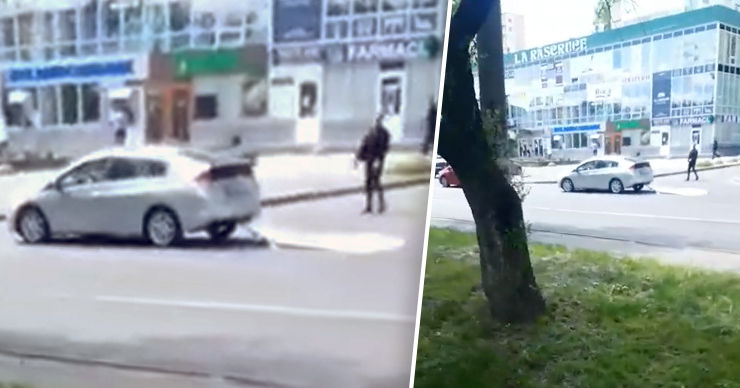 В Кишиневе девушка за рулём зацепила баннер автомобилем и не заметила. Коллаж: Point.md