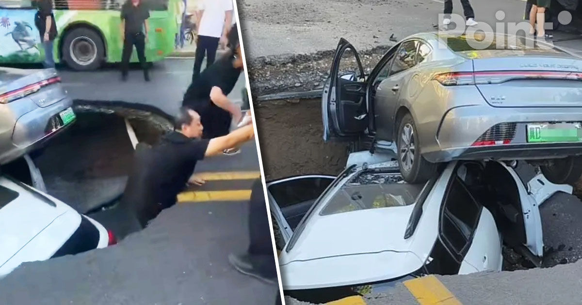 В Китае около 10 машин провалились под землю из-за ливней и попали на видео.