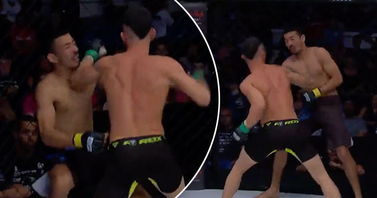 Боец MMA прижал соперника к сетке и за 10 секунд ярко нокаутировал.