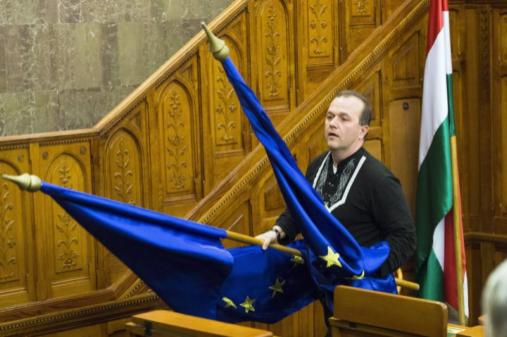 В Венгрии флаг ЕС выбросили в окно.