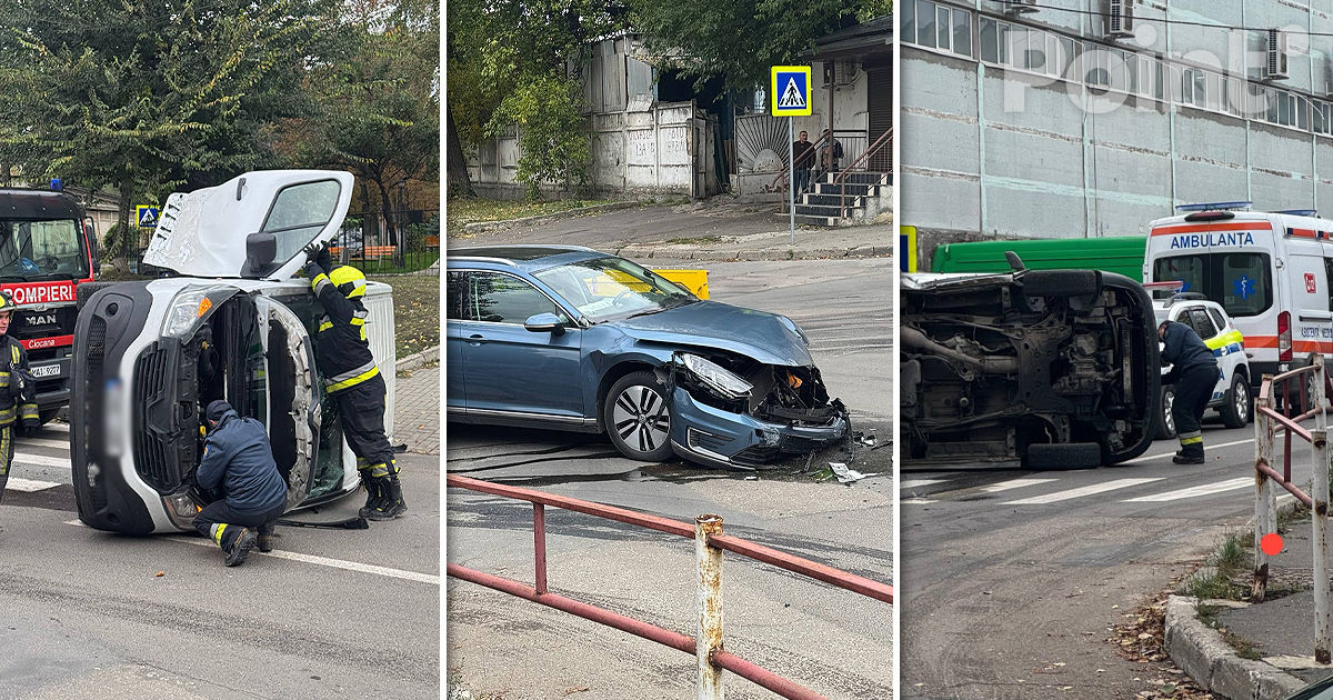 Accident la Chișinău: Un Renault s-a răsturnat după o coliziune cu un Volkswagen.