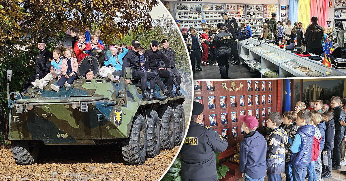 Бойцы спецподразделения "Fulger” прокатили школьников на бронемашине. Коллаж Point.md.