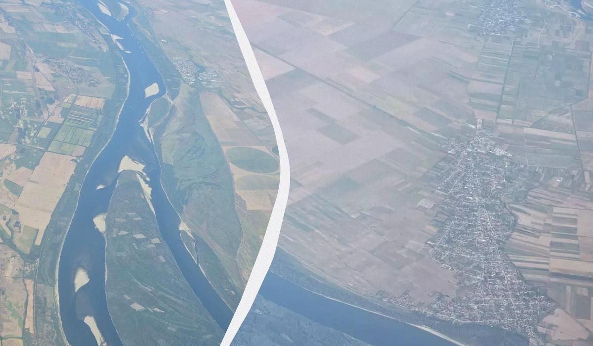 Дунай обмелел настолько, что из самолета видны огромные песчаные острова.