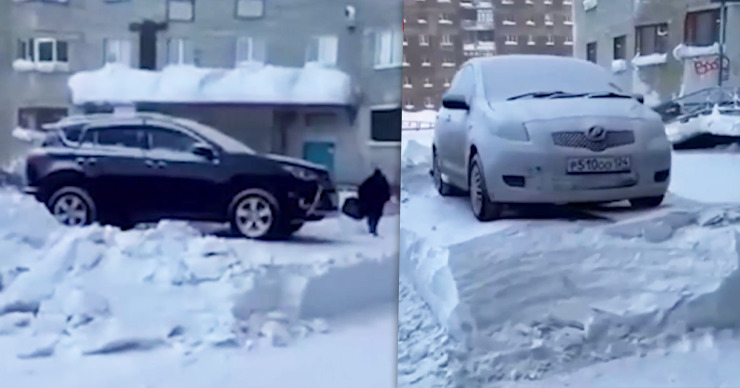 Транспорт оказался на снежном пьедестале.