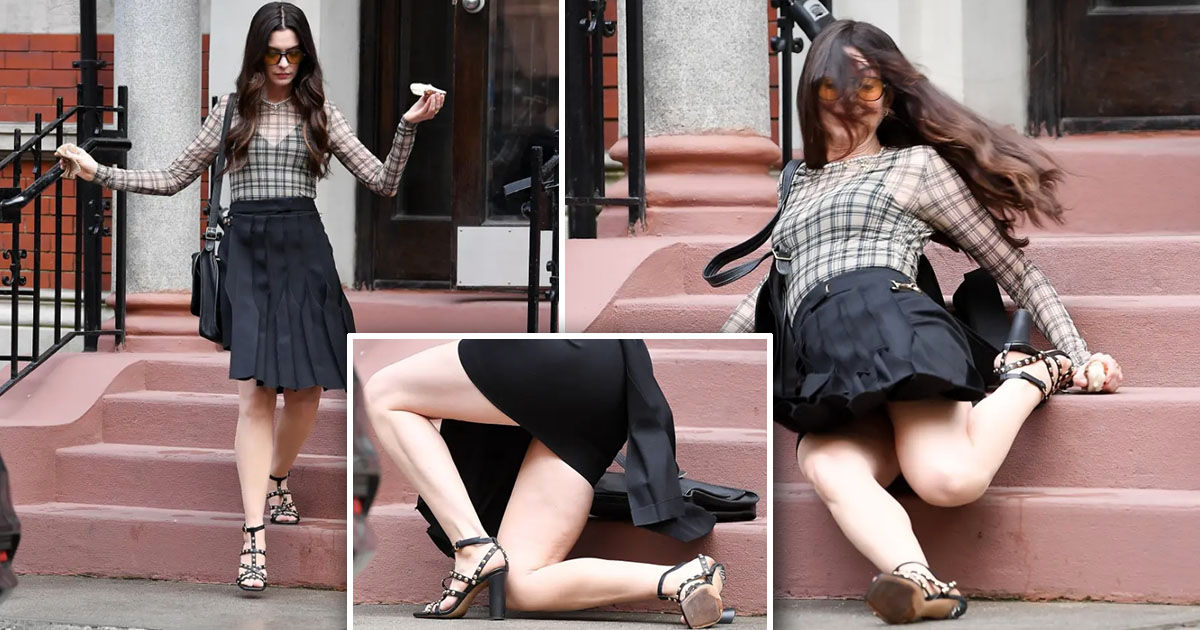 Anne Hathaway și-a rupt tocul și a căzut de pe scări la New York.
