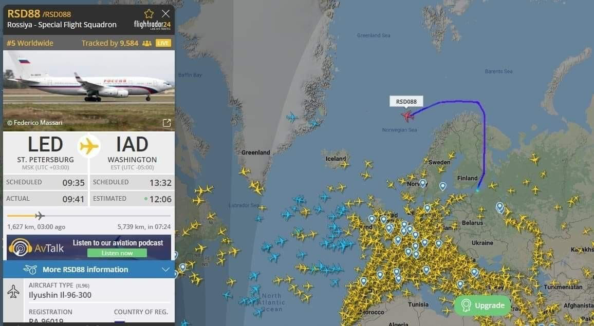 Flightradar24: Российский правительственный борт Ил-96 вылетел из Петербурга в Вашингтон.