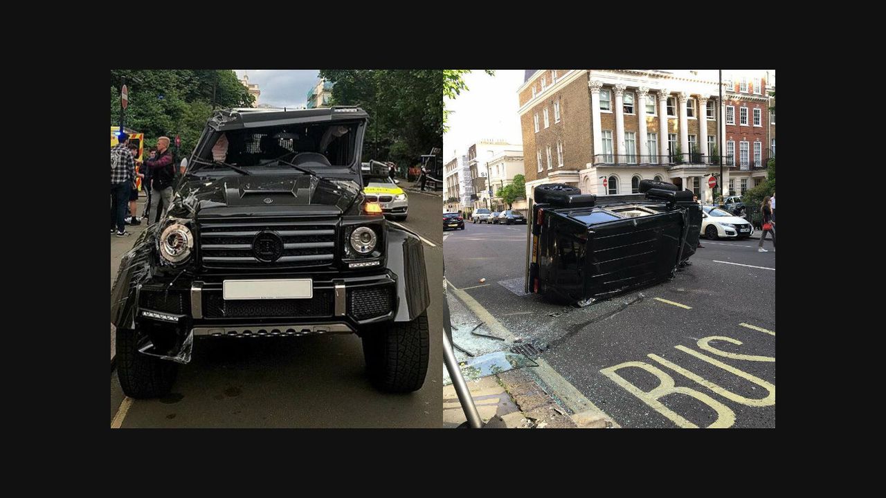 Un Brabus G500 de aproape trei tone, întors pe acoperiș de o Toyota Prius.