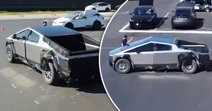 Серийный Tesla Cybertruck попал на видео, снятое беспилотником. Коллаж: Point.md