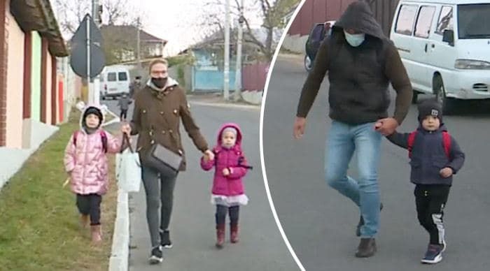 В Яловенах родители с малышами ходят в детсад по проезжей части рядом с машинами. Коллаж Point.md.