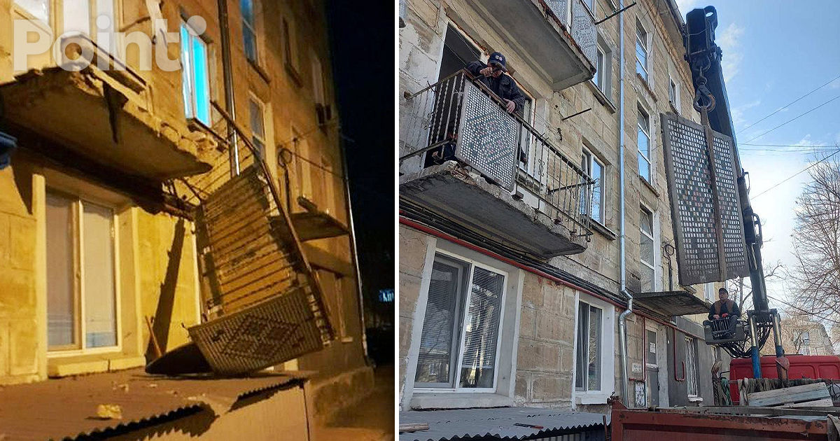 Balconul unui bloc de locuit din Capitală, pe cale să se prăbușească.