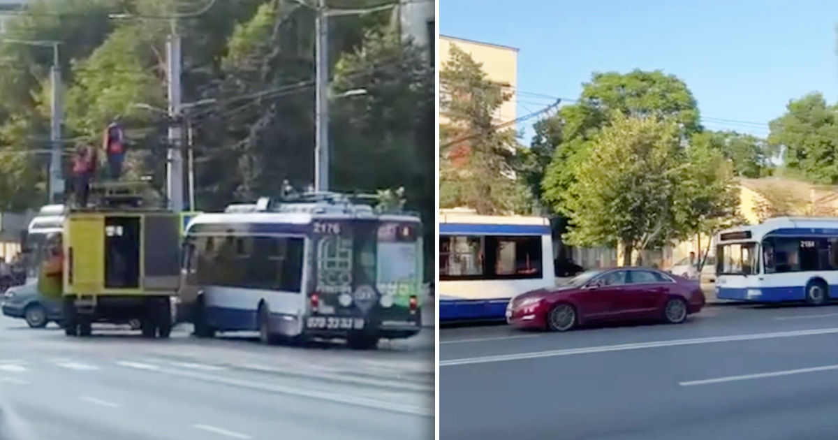 В центре Кишинева нарушено движение троллейбусов из-за разрыва контактной сети. Коллаж: Point.md
