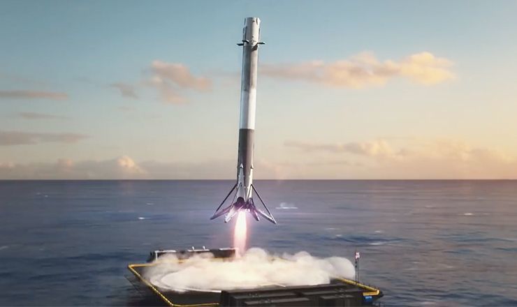 На ролике показано отсоединение боковых ускорителей и центрального блока носителя, а также подлет личного автомобиля Илона Маска к Марсу.