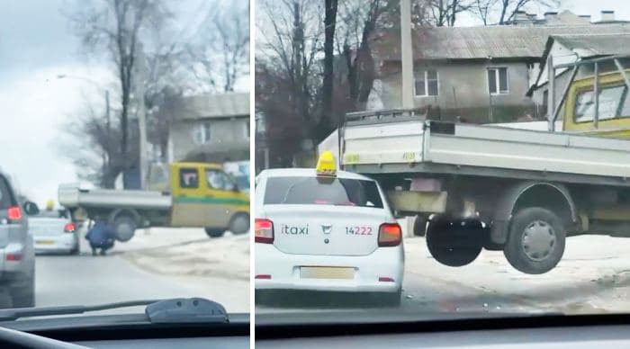 Необычное ДТП произошло в столице: автомобиль такси “поддел” грузовик.