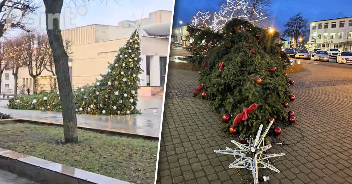 Vântul puternic a doborât pomii de Crăciun împodobiți în mai multe orașe din Lituania.