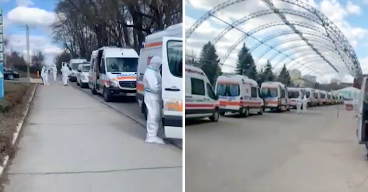 Скорые помощи стоят в очереди к Центру COVID-19 на Moldexpo.