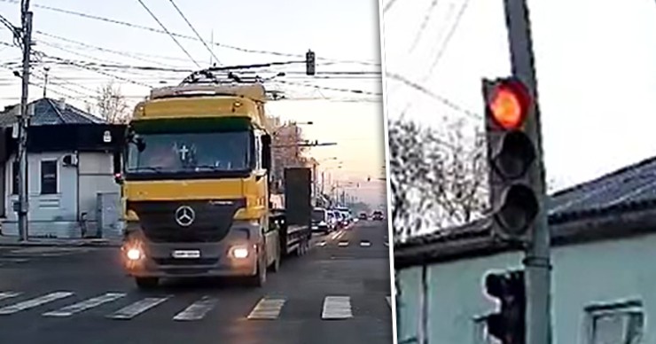 В центре Кишинева водитель грузовика проехал на "красный". Коллаж: Point.md