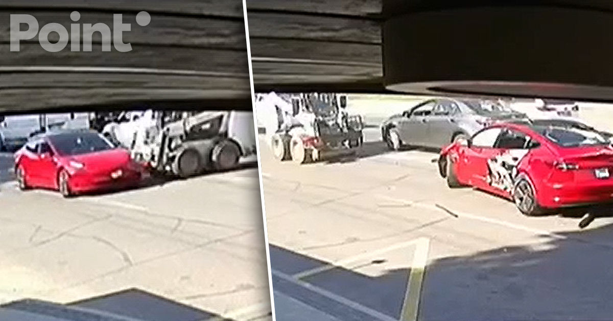 Accident cu o Tesla și un încărcător Bobcat, surprins de camere video: Ce riscă vinovatul.