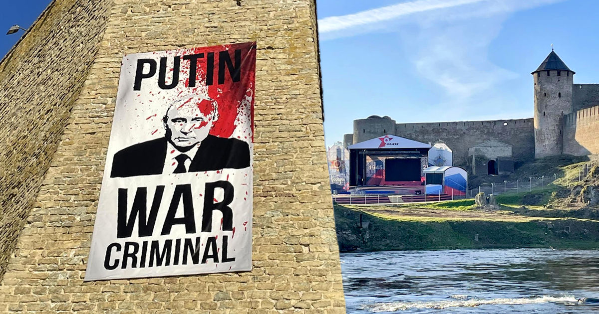 РФ потребовала от Эстонии снять баннер «Путин — военный преступник». Коллаж: Point.md