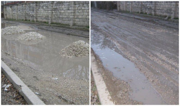 Pietriș pus direct în băltoacele cu apă și mizerie de pe o stradă din Bălți. Foto: esp.md