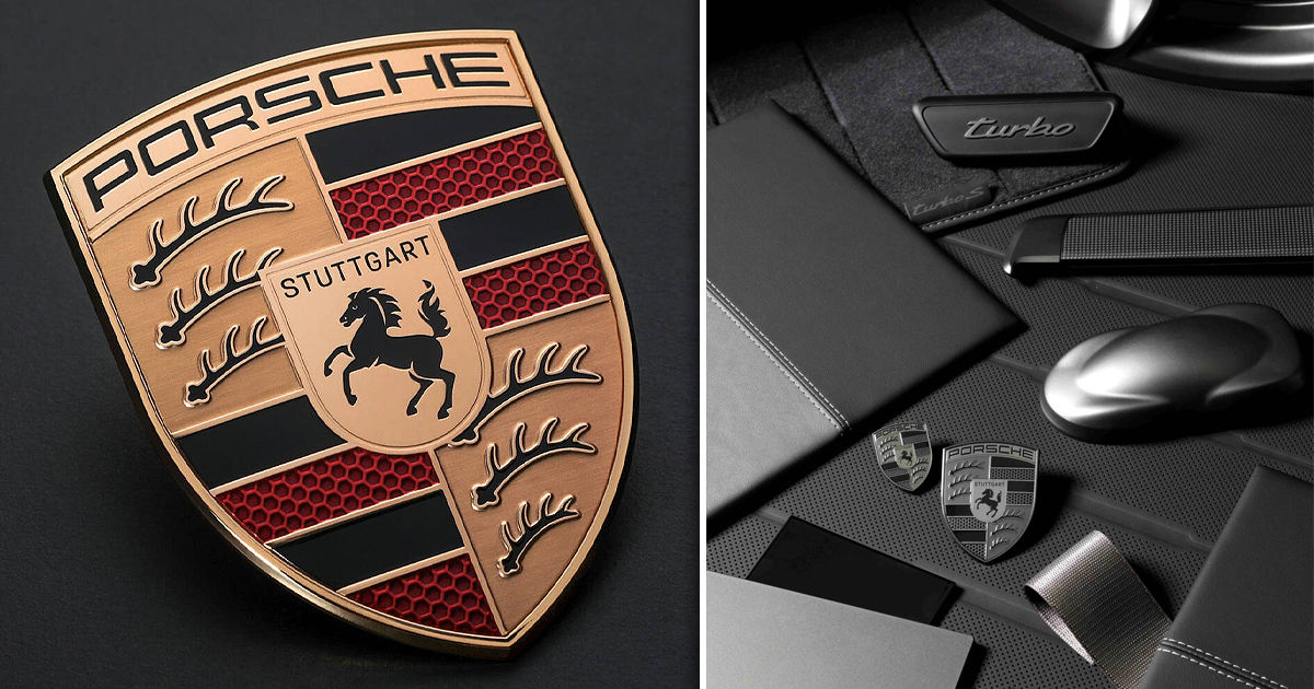 В Porsche сменили золото на знаменитом гербе на цвет Turbonite. Коллаж Point.md.