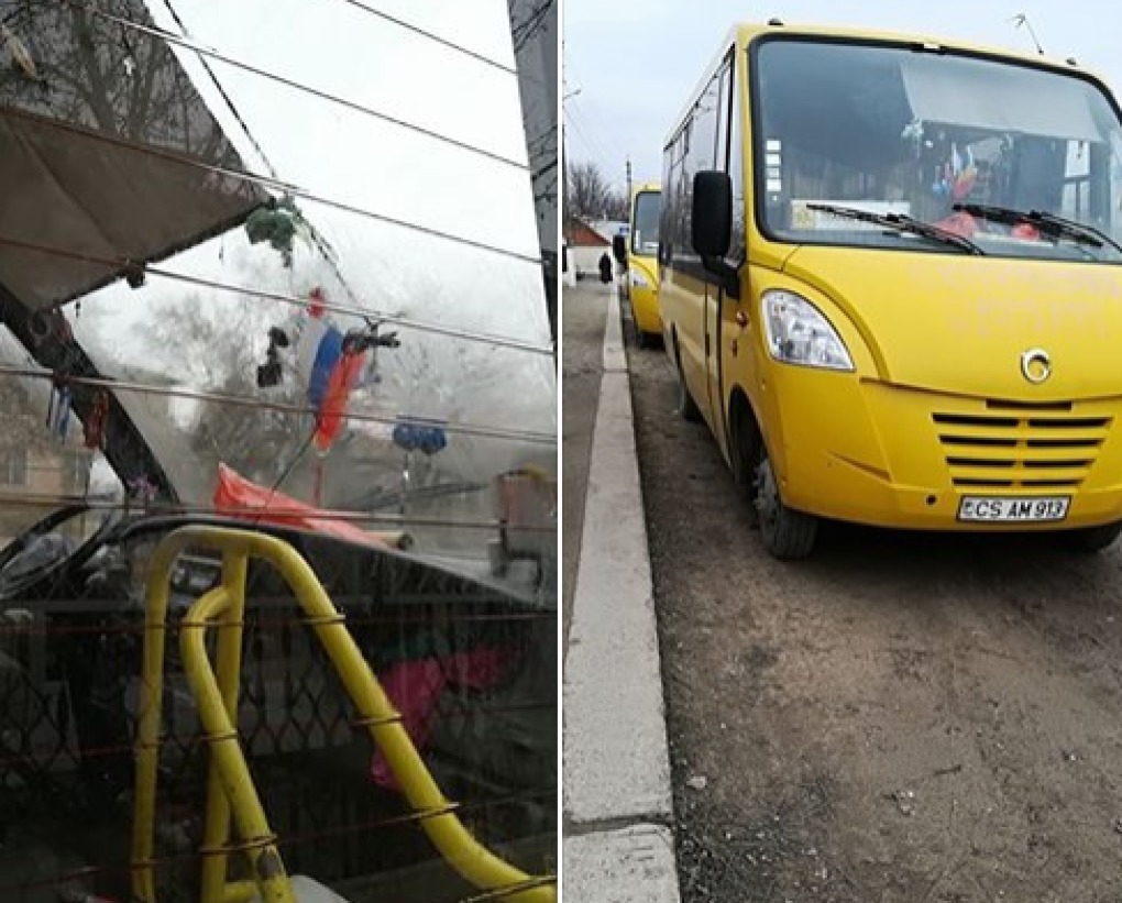 Autobuz școlar donat de Guvernul României, cu drapelul Rusiei în salon. Foto: realitatea.md