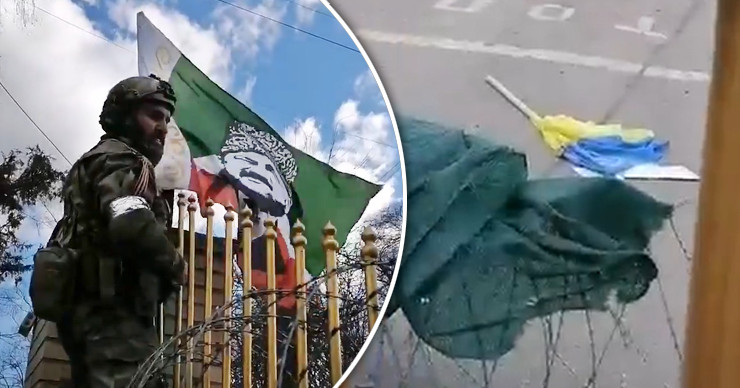 Опубликовано видео установки чеченцами флага на Украине.