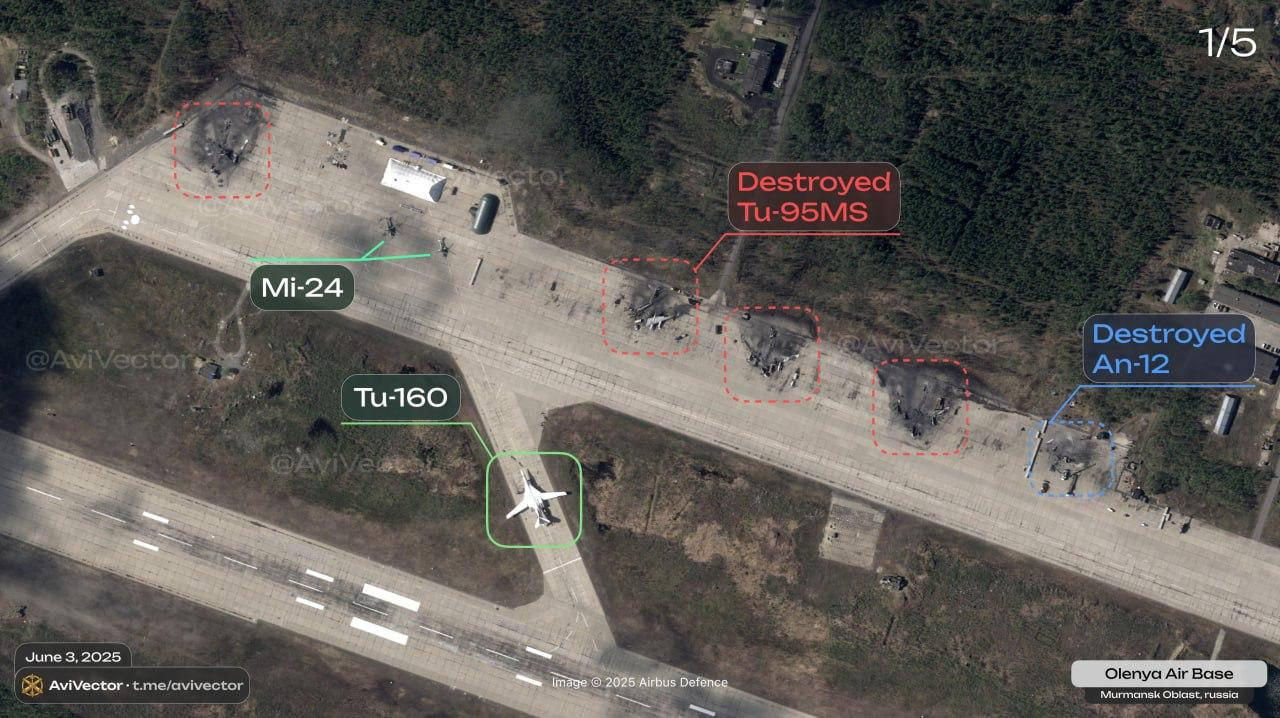 Imaginile din satelit ale aerodromului Olenia, publicate: Pe ele se văd patru bombardiere Tu-95 distruse.