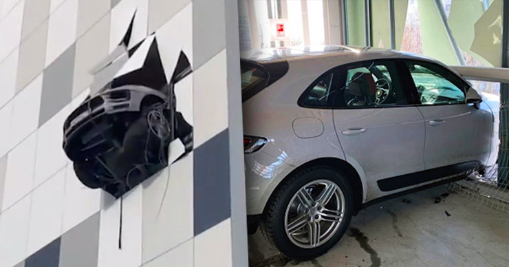 Porsche пробил стену парковки в московском жилом комплексе.