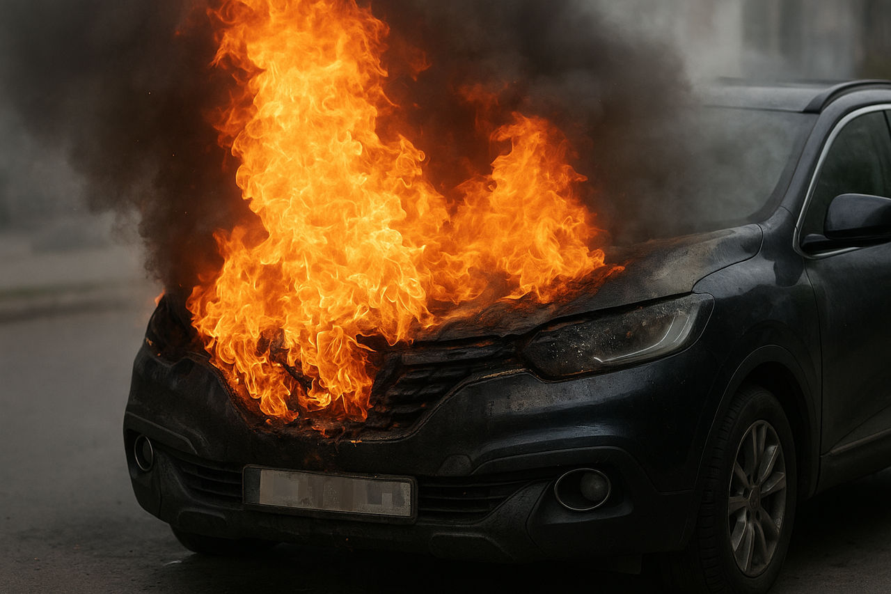 Un Renault a luat foc din mers în Capitală: Propietarul mașinii a suferit arsuri.