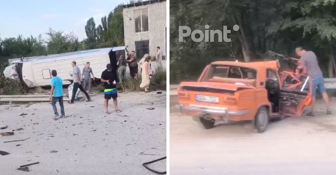 Accident în raionul Strășeni: Un microbuz s-a izbit de un Jiguli și s-a răsturnat.