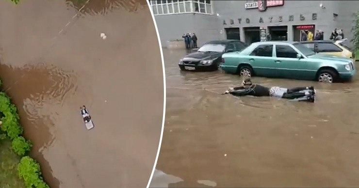 Житель Подмосковья на матрасе устроил заплыв по затопленным улицам. Коллаж: Point.md
