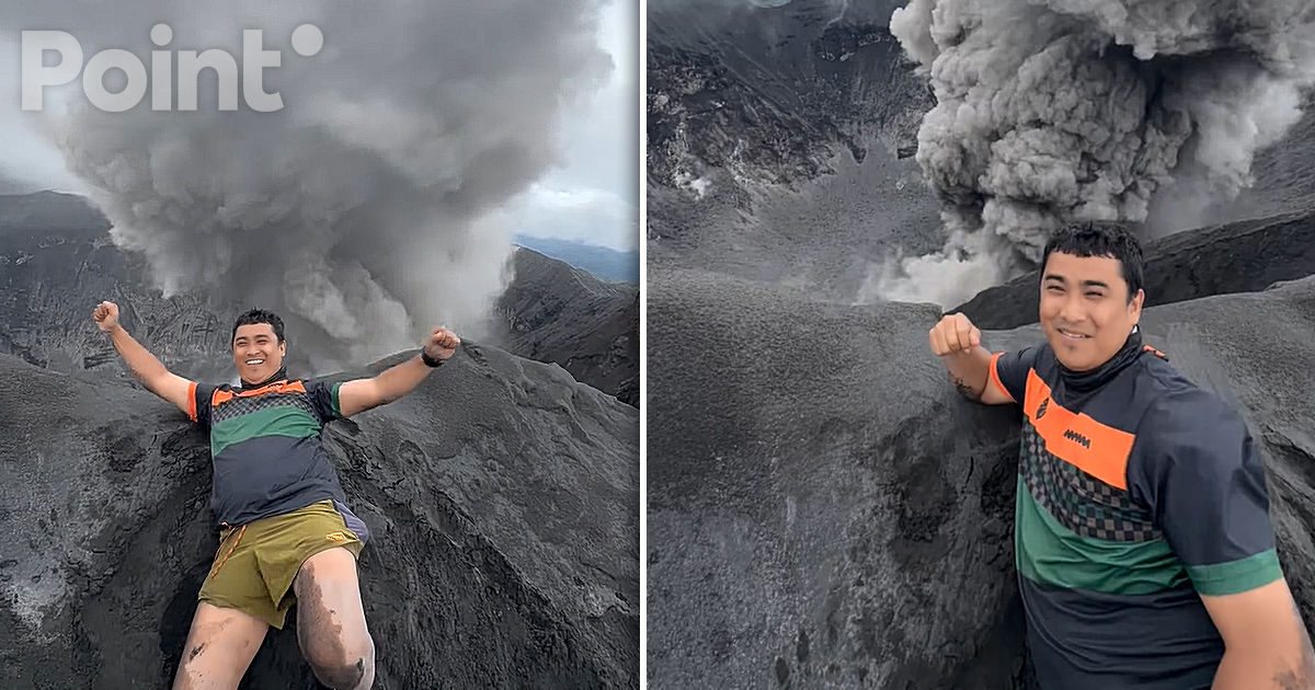 Un bărbat și-a făcut un selfie pe fundalul unui vulcan aflat în erupție.