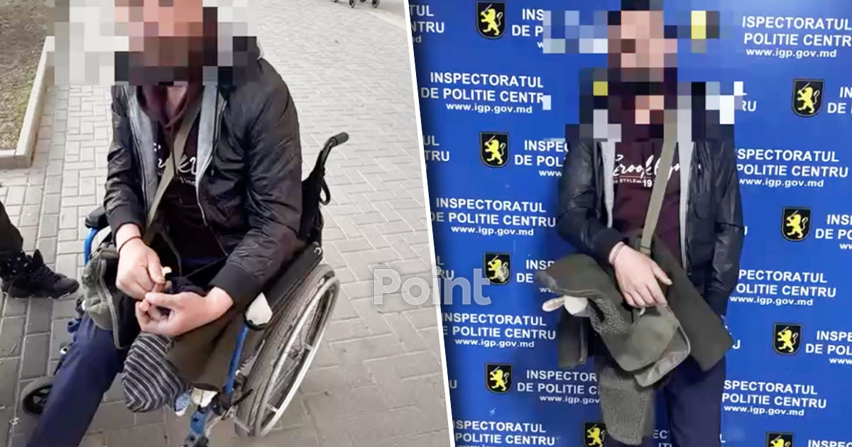 Un cerșetor prins de polițiști s-a ridicat din scaunul cu rotile.