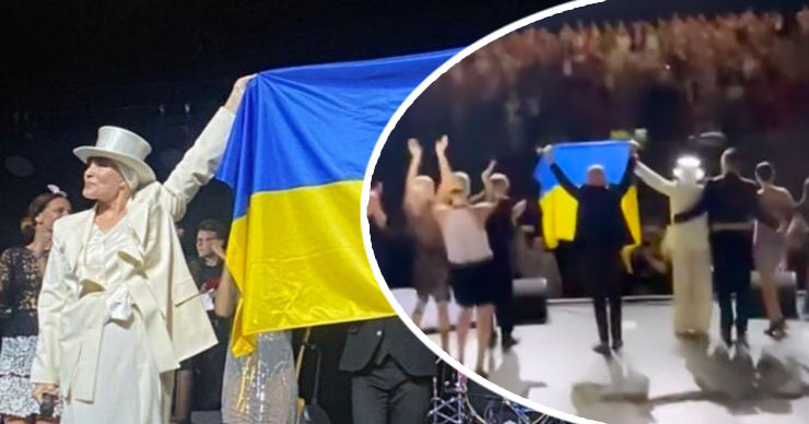 Лайма Вайкуле высказалась против войны и вышла на сцену с украинским флагом. Коллаж: Point.md